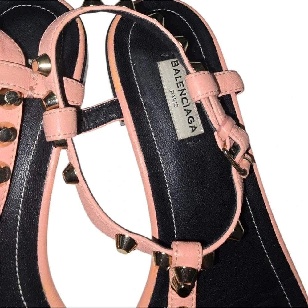 BALENCIAGA PINK leather thong SANDALS 37.5 7 flat slide ROCKSTUD ANKLe star STud